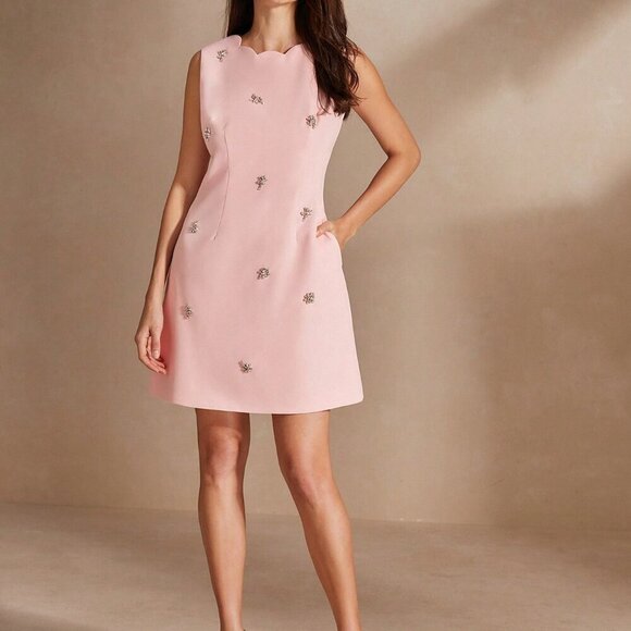 Baby Pink Elegant Women's Sleeveless Round Neck Embroidery Summer Dress - Picture 7 of 7